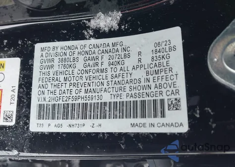 2023 Honda Civic Sport из США, поврежденный, VIN 2HGFE2F59PH559130